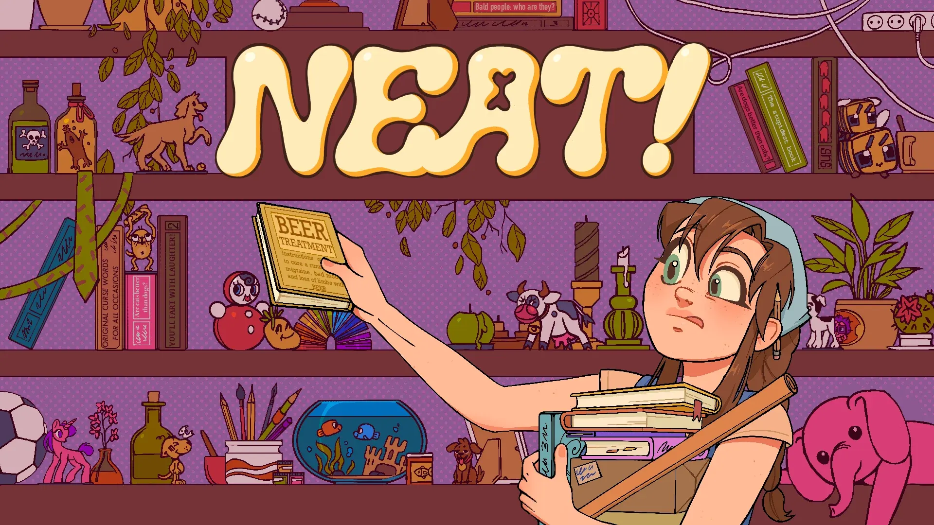 Neat key art — Molly organizing a wall of shelves full of belongings